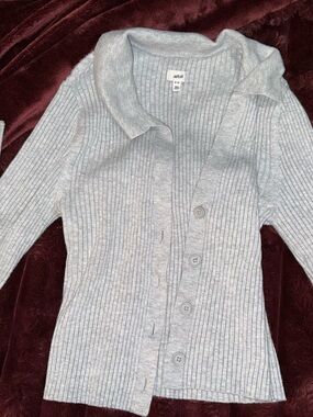 aerie Women's Light Gray Ribbed Button Cardigan